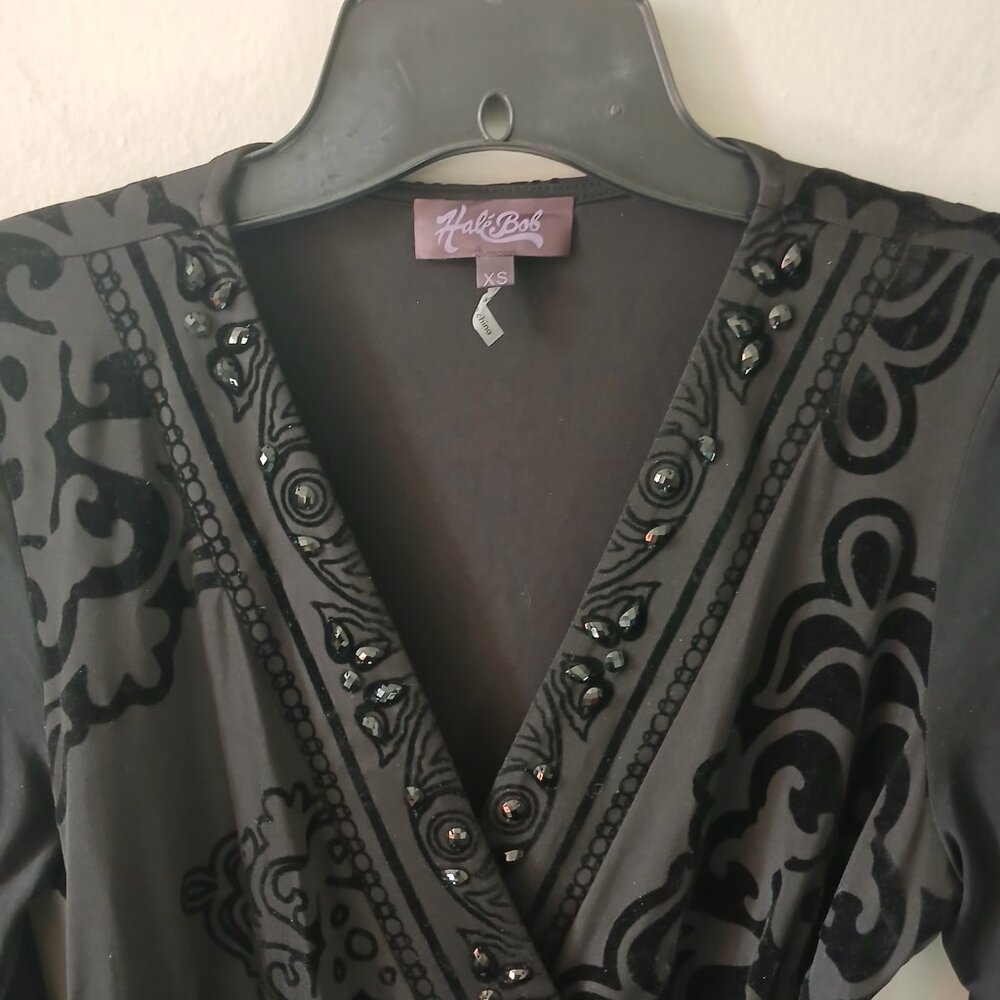 Hale Bob Women's Wrap Dress Black Jewel V-Neck Stretch Long Sleeve Size XS - Picture 2 of 13